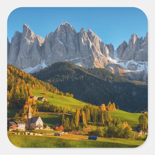 Church and village with mountains landscape square sticker (Front)