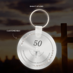 Church Anniversary Celebration Pearls Silver Key Ring