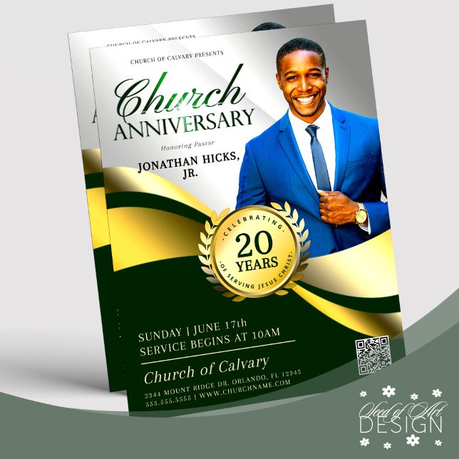 Church Anniversary Pastoral Service Green & Gold Flyer (Creator Uploaded)