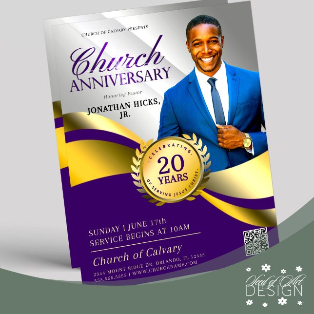 Church Anniversary Pastoral Service Purple & Gold Flyer (Creator Uploaded)