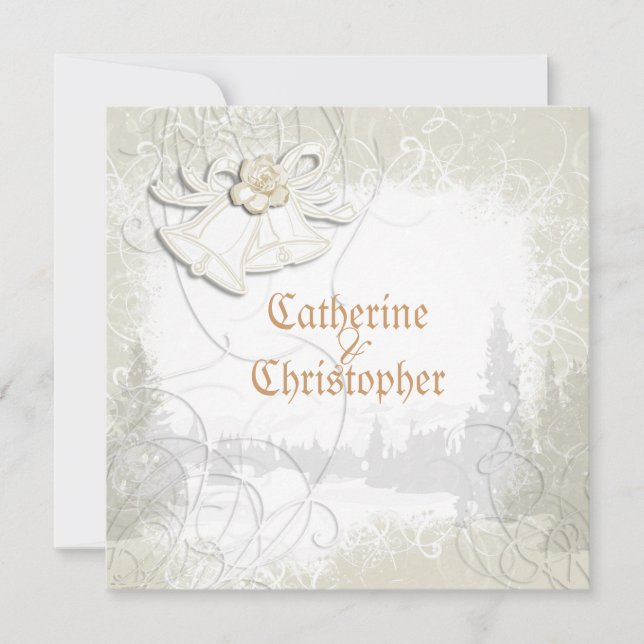 Church bells n floral wedding white invitation (Front)