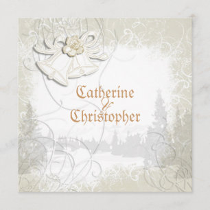 Church bells n floral wedding white invitation