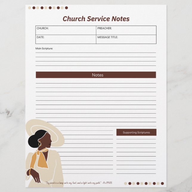 Church Black Woman Service Notes Christian Bible Custom Letterhead (Front)