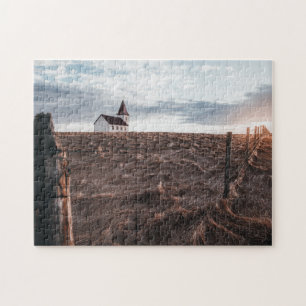 Church Building & Hay Field During Sunset Jigsaw Puzzle