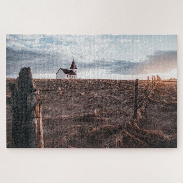 Church Building & Hay Field During Sunset Jigsaw Puzzle (Horizontal)