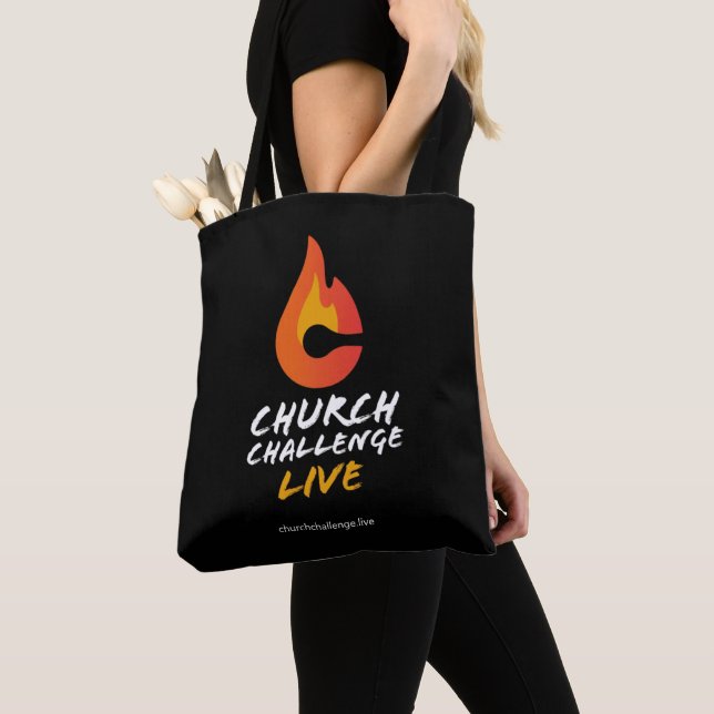 Church Challenge Orange Flame Black Tote Bag (Close Up)