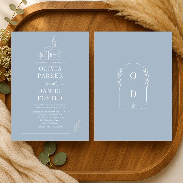 Church Chapel Dusty Blue Line Art Wedding Invitation (Creator Uploaded)