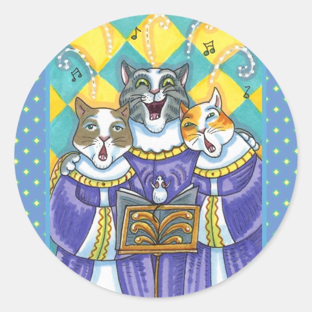 CHURCH CHOIR CATS & MOUSE SINGING CHRISTMAS CAROLS CLASSIC ROUND STICKER (Front)