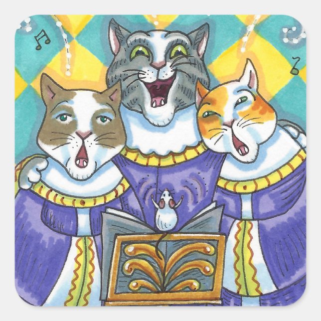CHURCH CHOIR CATS & MOUSE SINGING CHRISTMAS CAROLS SQUARE STICKER (Front)