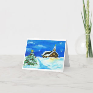 Church Christmas Tree Landscape Art Snow Stars Holiday Card