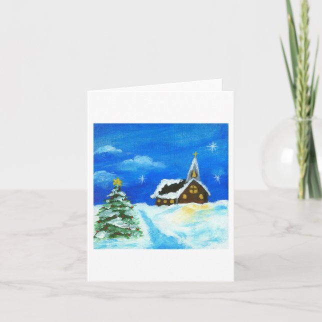 Church Christmas Tree Landscape Art Snow Stars Holiday Card (Front)