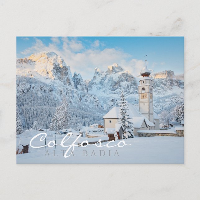 Church covered in snow with mountain background postcard (Front)