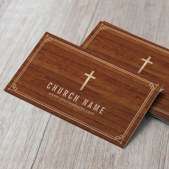 Church Cross Gold Framed Elegant Wood Pastor Business Card (Creator Uploaded)