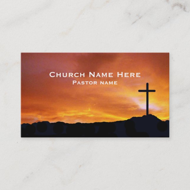 Church Cross Silhouette on a radiant sunset sky Business Card (Front)