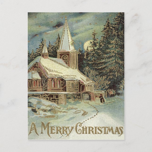 Church Evergreen Stars Winter Snow Postcard (Front)