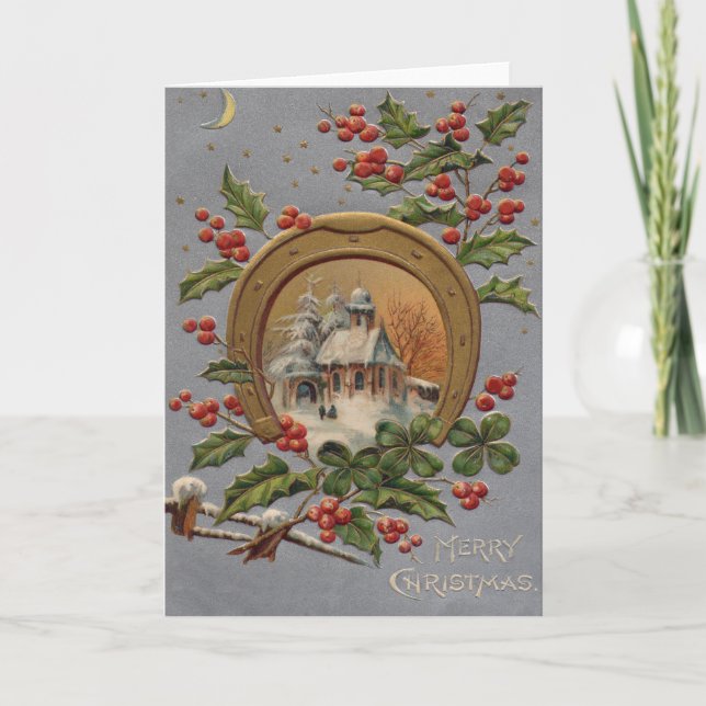 Church Holly Christmas Tree Gold Horseshoe Holiday Card (Front)