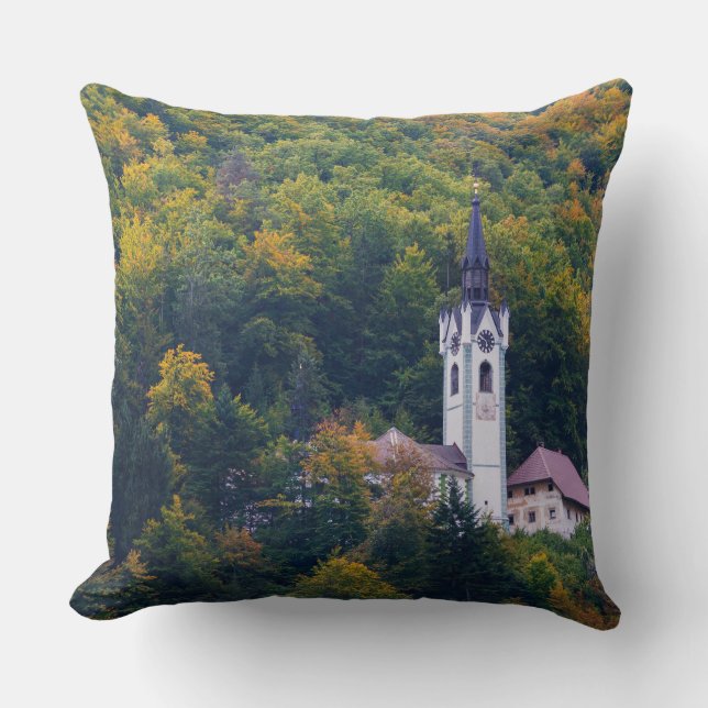 Church in a fall forest in Slovenia Cushion (Front)