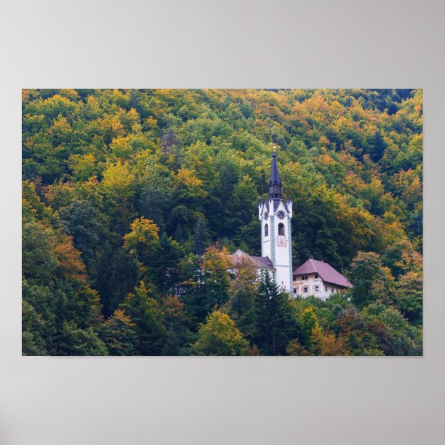 Church in a fall forest in Slovenia Poster (Front)