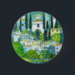 Church in Cassone Gustav Klimt 6 Cm Round Badge<br><div class="desc">Button featuring Gustav Klimt’s oil painting Church in Cassone (1913). A beautiful Italian church is surrounded with green trees on the shore of blue waters. A marvellous gift for Art Nouveau lovers and Austrian art enthusiasts!</div>