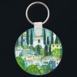 Church in Cassone Gustav Klimt Key Ring<br><div class="desc">Keychain featuring Gustav Klimt’s oil painting Church in Cassone (1913). A beautiful Italian church is surrounded with green trees on the shore of blue waters. A marvellous gift for Art Nouveau lovers and Austrian art enthusiasts!</div>