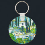 Church in Cassone Gustav Klimt Key Ring<br><div class="desc">Keychain featuring Gustav Klimt’s oil painting Church in Cassone (1913). A beautiful Italian church is surrounded with green trees on the shore of blue waters. A marvellous gift for Art Nouveau lovers and Austrian art enthusiasts!</div>