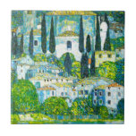 Church in Cassone Gustav Klimt Tile<br><div class="desc">Tile featuring Gustav Klimt’s oil painting Church in Cassone (1913). A beautiful Italian church is surrounded with green trees on the shore of blue waters. A marvellous gift for Art Nouveau lovers and Austrian art enthusiasts!</div>