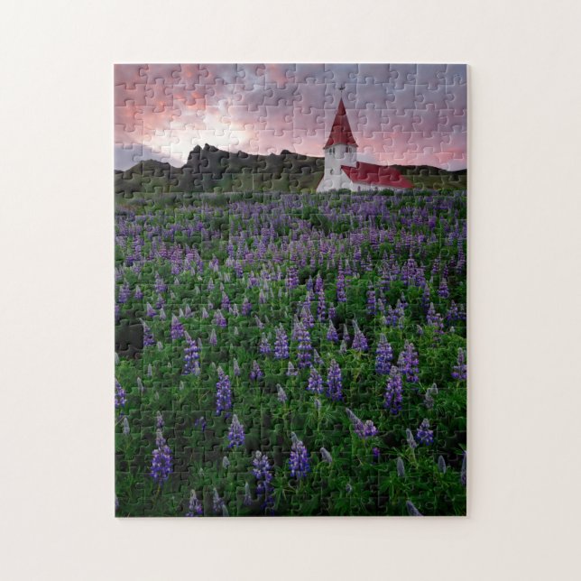Church in Field of Lupine Wildflowers in Iceland Jigsaw Puzzle (Vertical)