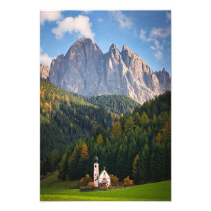 Church in front of Dolomites mountains in Italy Photo Print