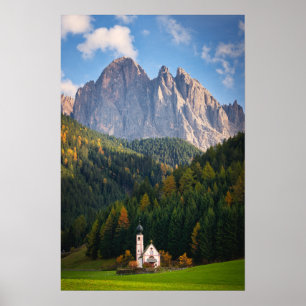 Church in front of Dolomites mountains in Italy Poster