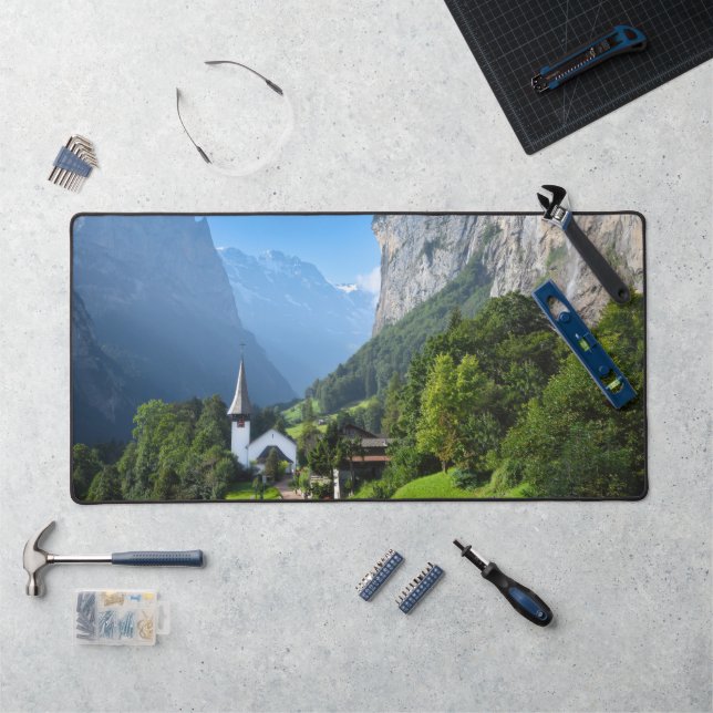 Church in Lauterbrunnen valley, Switzerland Desk Mat (Workstation)