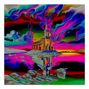 Church in psychedelic landscape 2 poster