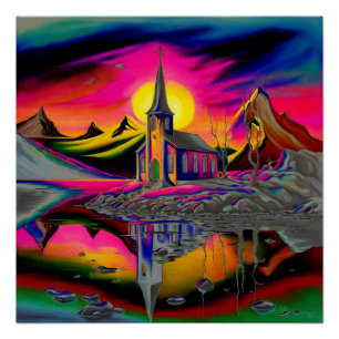 Church in psychedelic landscape 4 poster
