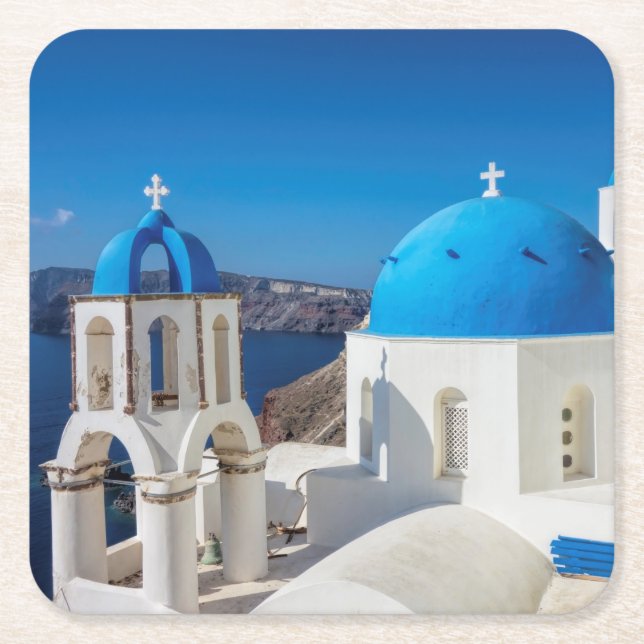 Church in Santorini Square Paper Coaster (Front)