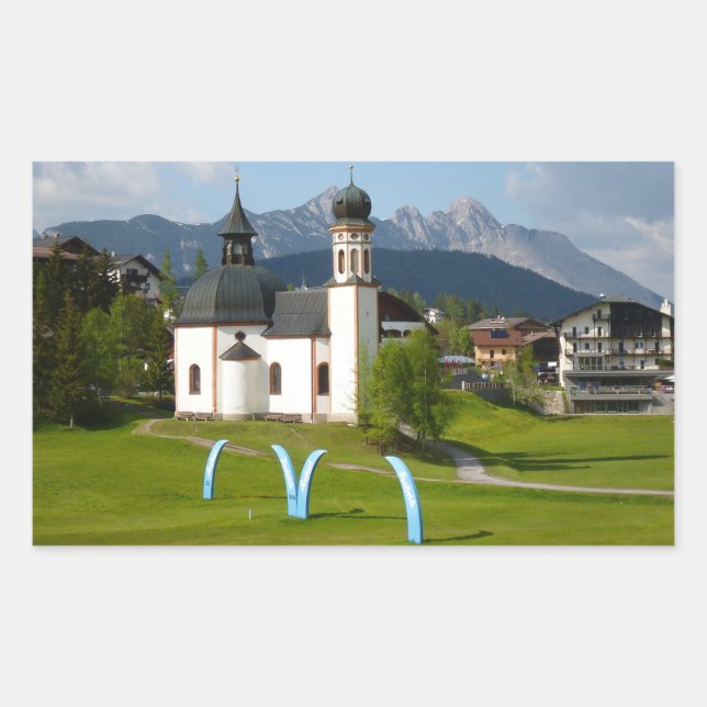 Church in Seefeld, Austria rectangular sticker (Front)