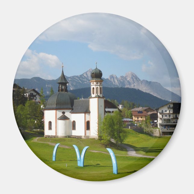 Church in Seefeld, Austria round magnet (Front)