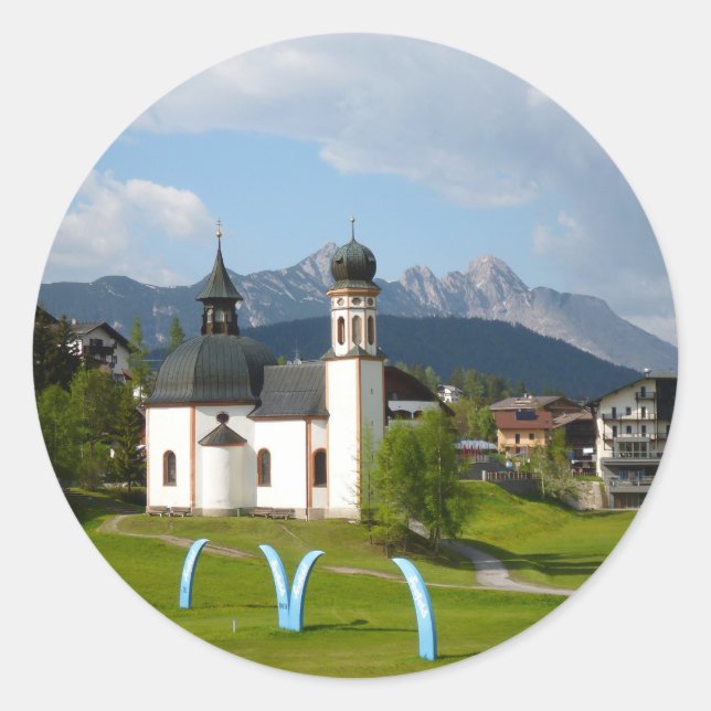 Church in Seefeld, Austria round sticker (Front)