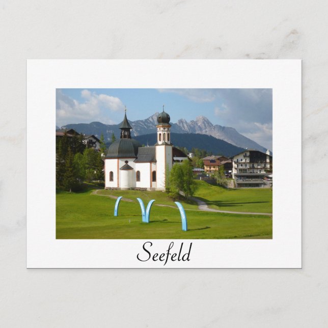 Church in Seefeld white text postcard (Front)