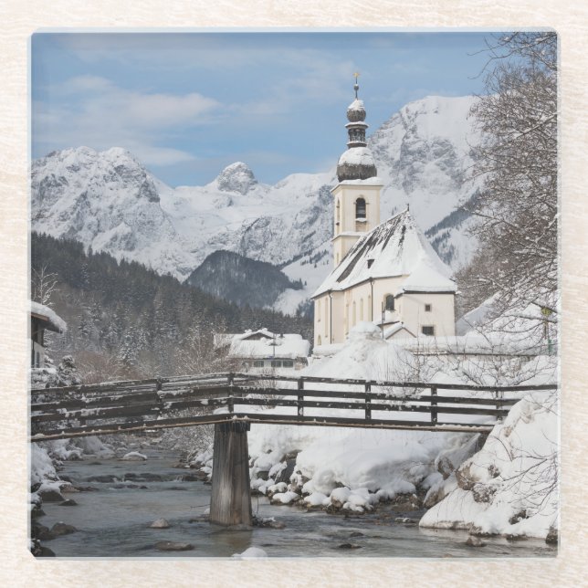 Church in the snow with Alps mountains in winter Glass Coaster (Front)