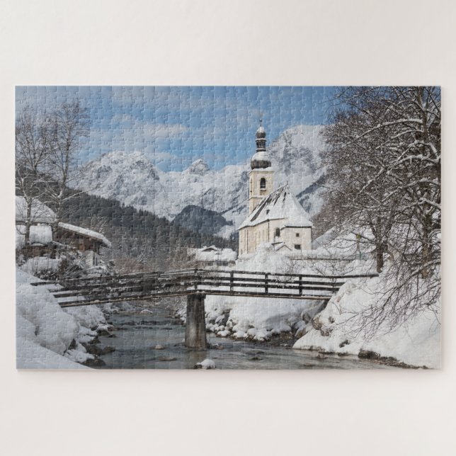 Church in the snow with Alps mountains in winter Jigsaw Puzzle (Horizontal)