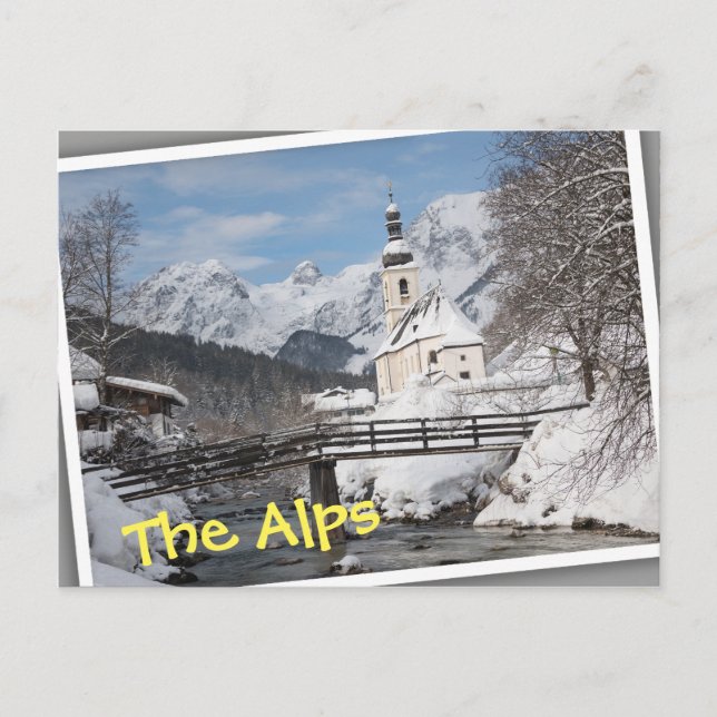 Church in the snow with Alps mountains in winter Postcard (Front)