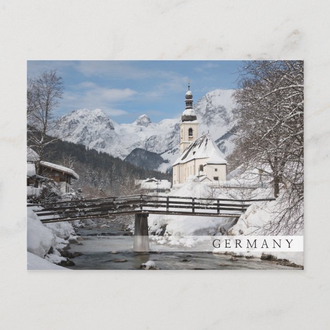 Church in the snow with Alps mountains in winter Postcard (Front)