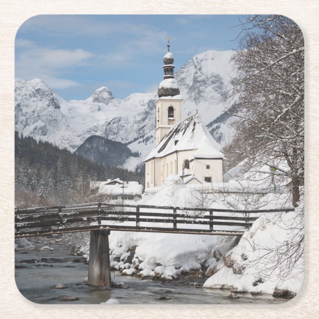Church in the snow with Alps mountains in winter Square Paper Coaster (Front)