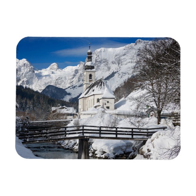 Church in the snow with Alps mountains Magnet (Horizontal)
