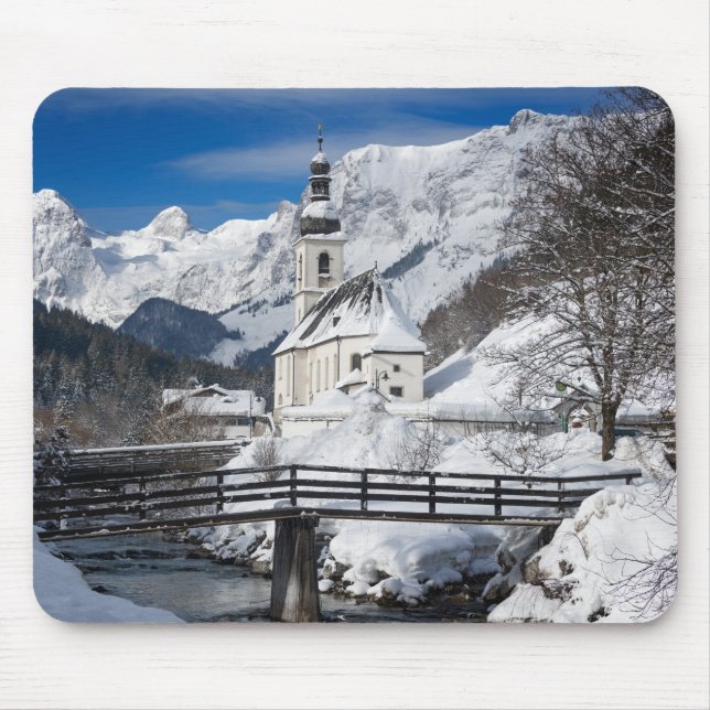 Church in the snow with Alps mountains Mouse Mat (Front)