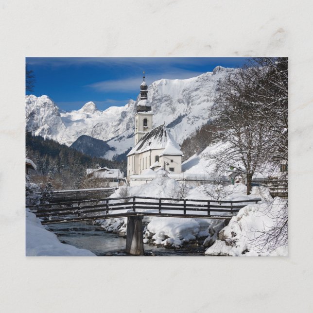 Church in the snow with Alps mountains Postcard (Front)