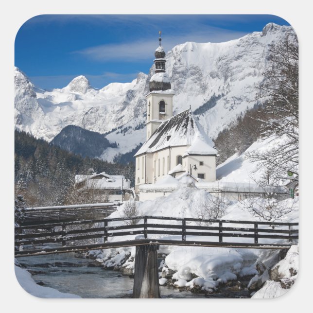 Church in the snow with Alps mountains Square Sticker (Front)