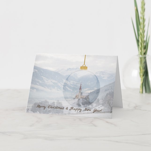 Church in winter in a glass ball christmas card (Front)