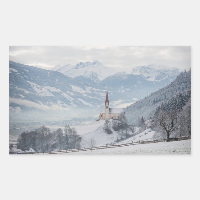 Church in Zillertal in winter rectangular sticker (Front)
