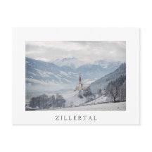 Church in Zillertal in winter white text postcard
