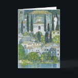 Church (Kirche) in Cassone by Gustav Klimt Card<br><div class="desc">Church in Cassone - Landscape with Cypresses (aka Kirche in Cassone - Landschaft mit Zypressen) (1913) by Gustav Klimt is a vintage Victorian Era Symbolism fine art painting featuring a church in the town of Cassone with surrounding stone buildings and cypress trees on the edge of Lake Garda in Italy....</div>